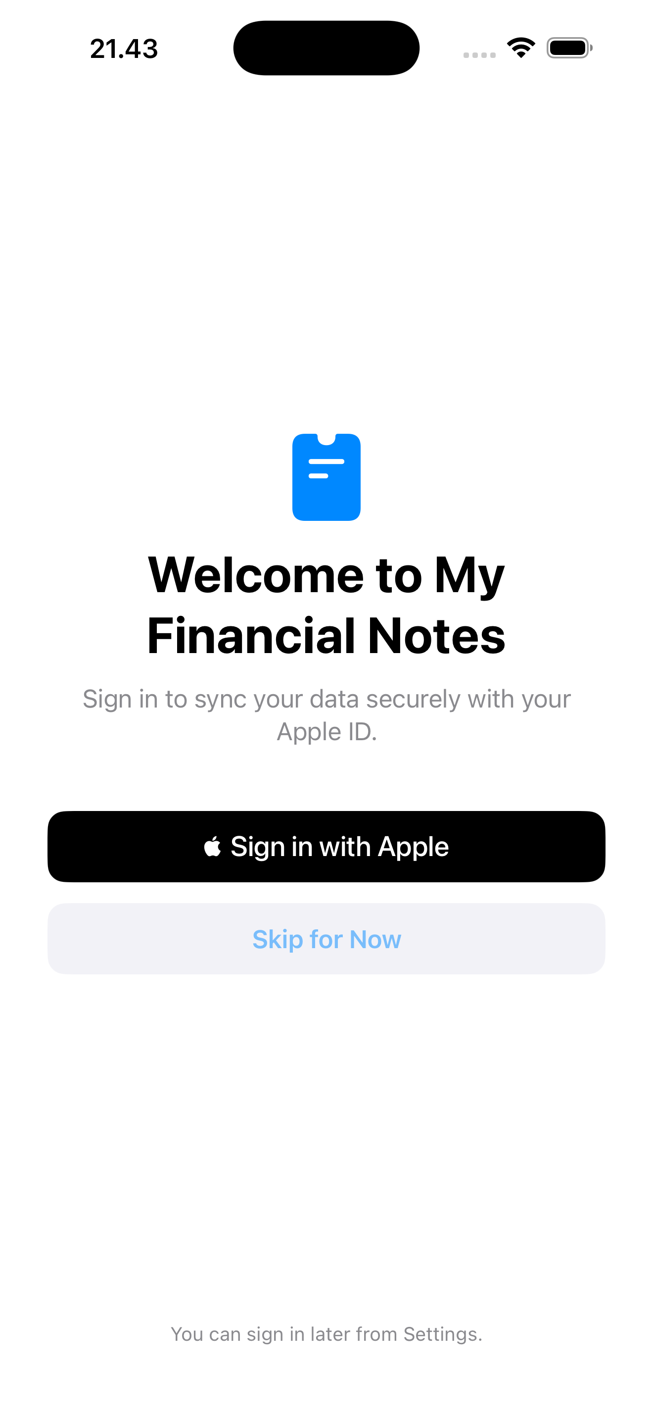 MyFinancialNotes welcome screen